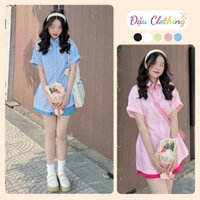 Đồ bộ sơ mi ulzang áo có cúc nhún eo vải lụa chéo kèm quần đùi lưng chun vải FOS SET40