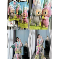 Đồ bộ tay cánh dơi chất latin mềm mịn nút bọc LABUBU XANH