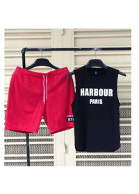 đồ bộ thể thao sát nách nam - Áo đen, Quần đỏ - M