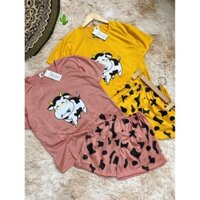 Đồ Bộ Thun Cotton Dài Mặc Ở Nhà Nữ, Bộ Quần Áo Ngủ Nữ Cộc Tay Mặc Nhà Mùa Hè Hoạ Tiết Bò Sữa Trend 2021.