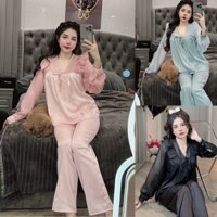 Đồ bộ tiểu thư, Đồ bộ tay dài voan cổ V phối ren siêu xinh tiểu thư, chất liệu lụa xước pijama nữ size dưới 60kg.