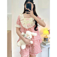 Đồ bộ tiểu thư phối ren nơ caro Chất Liệu Xốp Đũi Hàn Freesize PT 01