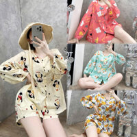 Đồ bộ tole nữ, bộ mặc nhà lanh thiết kế áo baby doll tay dài gài nút quần đùi F21 VNXK.