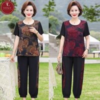 Đồ Bộ Trung Niên, Bộ Đồ Hoa Cho Mẹ Chất Liệu Lụa Mềm Mại, Kiều Dáng Cổ V Quần Ống Suông Sang Trọng Qúy Phái B15