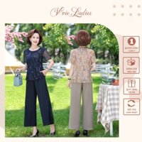 Đồ bộ trung niên nữ cho mẹ, Hàng Quảng Châu cao cấp, Bộ voan áo lửng quần dài V'vie Ladies #B25