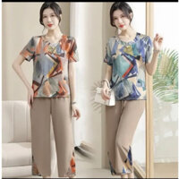 Đồ Bộ Trung Niên, Set Đồ Nữ Chất Cát Lụa Hàn Cổ Tròn Ngắn Tay Họa Tiết Chiếc Lá Quần Ống Suông Viền Hoa