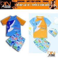 Đồ bơi 2 mảnh áo phủ bụng tay ngắn quần đùi bé trai họa tiết nhiều màu đủ size từ 20kg đến 46kg Bin Sports BB092