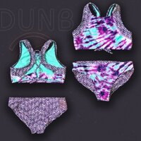 Đồ bơi 2 mảnh bé gái 7-8 tuổi sát nách buộc dây bé gái hở rốn thổ cầm cổ tròn loang màu xanh tím trắng mặc 2 kiểu