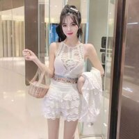 đồ bơi 3 mảnh bikini đi biển sexy váy bơi nữ len móc cá tính kín đáo(Kaki/Trắng)