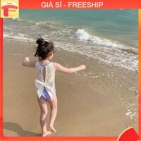 Đồ bơi bé gái 1-7 tuổi kèm mũ phối ren và đính nơ, Bộ bơi liền thân cho bé vải co giãn