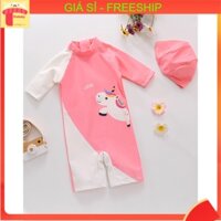 Đồ bơi bé gái 2-7 tuổi liền thân kèm mũ hình Pony LOVE, Bộ bơi cho bé cao cấp vải co giãn cực tốt