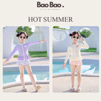 Đồ bơi Bé Gái cao cấp, dài tay set 2 món kèm chân váy màu hồng màu tím xinh xắn, chống nắng tốt