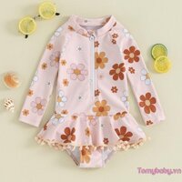 Đồ Bơi Bé Gái Dễ Thương In Hoa Dây Kéo Dài Tay Đi Biển Áo liền quần Cho Bé Tập Đi Bộ Tắm Mùa Hè