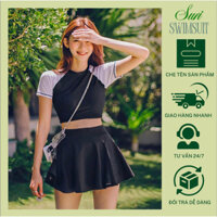 Đồ bơi/ Bikini 2 món áo ngắn tay váy xoè có quần bảo hộ đen phối trắng kín đáo đơn giản hot trend chất Poly Ý mịn