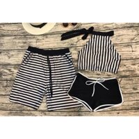 Đồ bơi cặp nam nữ thun lạnh- Bikini đôi đi biển quần đùi sọc đen trắng- shopnabi