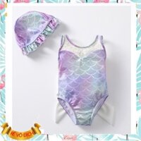 Đồ bơi cho bé gái 1-7 tuổi kèm mũ phối ren và đính nơ, Bộ bơi liền thân trẻ em vải co giãn