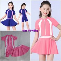 Đồ bơi cho bé gái 10-45kg gồm áo bơi liền thân và quần váy rời màu xanh sọc hồng, màu hồng sọc trắng dễ thương cho bé