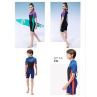 Đồ bơi giữ nhiệt ngắn tay cho trẻ lớn người lớn M163605Y  dày 2.5mm hiệu Dive & Sail mẫu cổ tím sọc xanh, cổ xanh navy