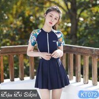 Đồ bơi liền thân quần váy nữ, có mẫu dài tay, khóa kéo trước phong cách thể thao, áo sẵn đệm ngực, chất thun bơi dầy mát lạnh  KT072 - Cộc tay - 4XL
