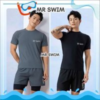 Đồ bơi nam áo trơn cổ tròn tay ngắn quần đùi 2 lớp đi biển kín đáo kiểu dáng thể thao Mr Swim 035