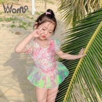 Đồ bơi nàng tiên cá WO MA Little Girls: Tay áo năm phần tư, rực rỡ và lấp lánh