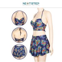 Đồ bơi nữ, 2 mảnh croptop chân váy đi biển cho bạn gái khoe vóc dáng xinh đẹp, dây cột tạo điểm nhấn cá tính mẫu Free size - Xanh đậm
