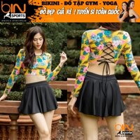 Đồ bơi nữ, bikini 2 mảnh áo dài tay crop quần váy nhiều màu freesize Bin Sports BHV155