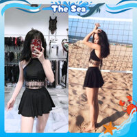 Đồ bơi nữ bikini 2 mảnh dáng váy xòe  có quần bảo hộ áo yếm tua rua đen The Sea 028
