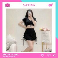 Đồ bơi nữ bikini 2 mảnh kín đáo áo croptop tay ngắn dây rút VATIXA BKN118