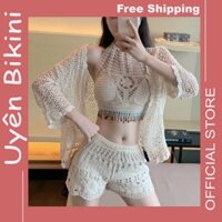 Đồ bơi nữ bikini 3 món ren móc len sợi quảng châu bra cổ yếm áo khoác lưới áo choàng đi biển