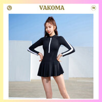 Đồ bơi nữ bikini đi biển liền váy tay dài pha trắng có quần trong kín đáo VAKOMA TT15