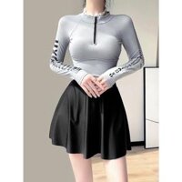 Đồ bơi nữ chân váy kín đáo tay dài chống nắng, Bikini nữ hai mảnh đi biển dáng thể thao - Xám,XL