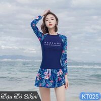 Đồ bơi nữ dài tay, chân váy may liền quần sooc đùi kín đáo, size từ 43 đến 68kg, chất thun bơi cao cấp dày đẹp  KT025 - Xanh tím than - 3XL
