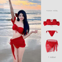 đồ bơi nữ dễ thương đồ bơi nữ Bộ đồ bơi rời bikini màu đỏ cổ điển phong cách Âu Mỹ gợi cảm mới năm 2024 có miếng lót ngực