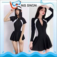 Đồ bơi nữ kín đáo dáng váy xòe liền thân áo tay dài màu đen phối trắng hông có khóa kéo Ms Swim 017