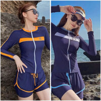 Đồ bơi nữ kín đáo quần đùi 2 lớp áo tay dài màu xanh than phối viền cam có dây kéo bikini 2 mảnh đi biển (The Rosa)