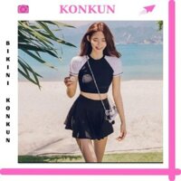 Đồ bơi nữ kín đáo tay ngắn - Bikini đi biển 2 mảnh áo tắm có tay váy xoè - đồ bơi học sinh nữ PinkLT MS49