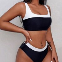 Đồ bơi nữ màu đen trắng mối nối màu bể hai mảnh cạp cao Bikini đồ bơi