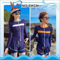 Đồ bơi nữ thể thao bikini kín đáo đi biển quần đùi 2 lớp áo tay dài có khóa kéo tiện lợi màu xanh viền cam Ms Swim 034