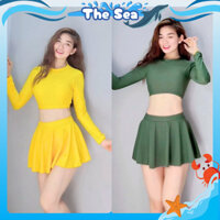 Đồ bơi nữ váy xòe có quần bảo hộ áo tay dài lưng phối dây buộc có sẵn mút bikini 2 mảnh The Sea 008
