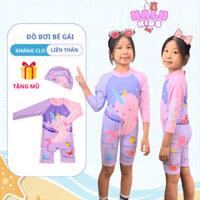 Đồ bơi trẻ em dài tay in hình cá voi xinh xắn, size 2-7 tuổi, Đồ bơi liền thân bé gái Halukids