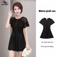 Đồ Bơi Trung Niên Bikini BigSize Nữ Dạng Váy Cộc Tay Phối Ren Hoa Che Mỡ Bụng Cho Người Béo Mập Áo Tắm K033