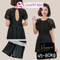 Đồ Bơi Trung Niên Bikini BigSize Nữ Dạng Váy Cộc Tay Phối Ren Hoa Che Mỡ Bụng Cho Người Béo Mập Áo Tắm