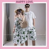 Đồ cặp đi biển áo phông nam kèm quần jum nữ ngắn trễ vai họa tiết màu xanh phối trắng HAPPYLOVE H060