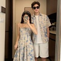 Đồ cặp đi biển áo sơmi nam đầm nữ hai dây dáng dài họa tiết hoa VIVA V190