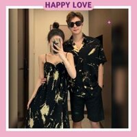 Đồ cặp đi biển áo sơmi nam đầm nữ maxi hai dây họa tiết vàng đen cho cặp đôi HAPPYLOVE H184