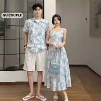 Đồ cặp đi biển nam nữ áo sơ mi nam váy nữ hai dây dáng dài hoạ tiết hoa trắng xanh HAPPYLOVE G205
