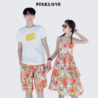Đồ cặp đi biển nam nữ set couple áo quần nam váy hai dây nữ dáng ngắn PINKLOVE màu cam hoa lá P058