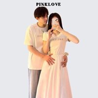 Đồ cặp đi biển PINKLOVE áo thun nam đầm nữ maxi in chữ kim tuyến thời trang cho cặp đôi P107