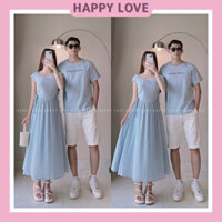 Đồ cặp nam nữ couple set áo váy đôi màu xanh min hàn quốc Quảng Châu cao cấp HAPPYLOVE H082